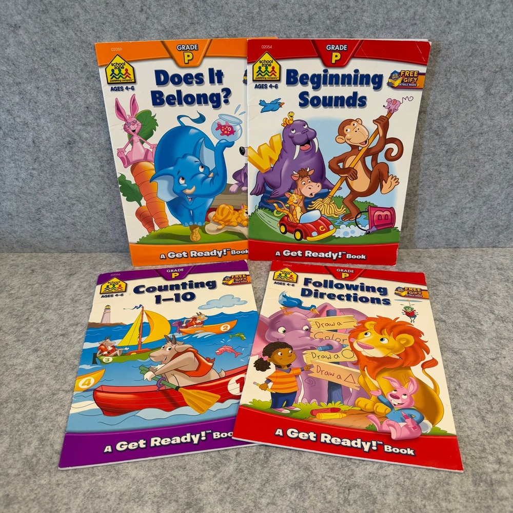 Set of 4 School Zone Beginning Workbooks - Sounds, Counting 1-10, Does it Belong